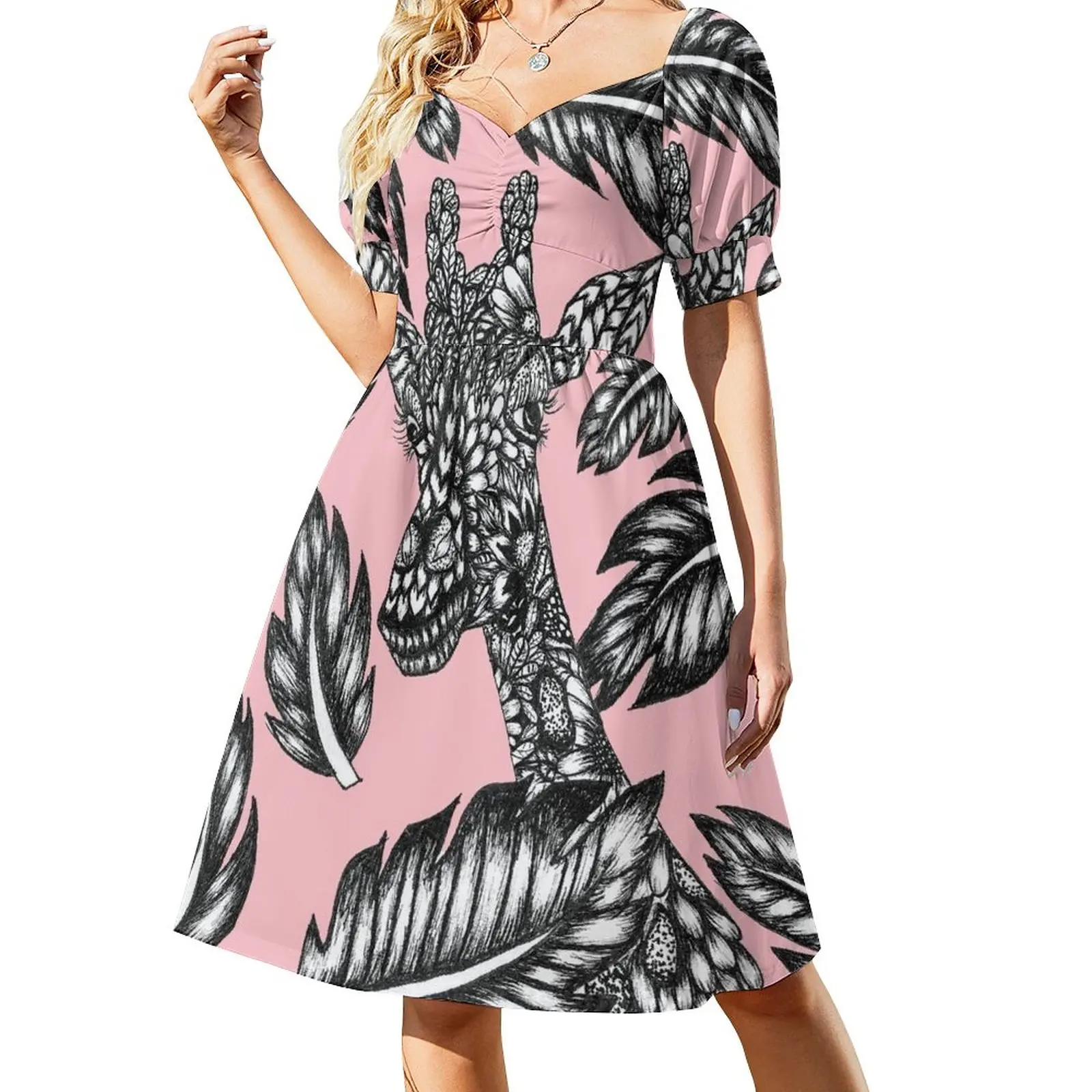 

Cute black white floral giraffe pink illustration Sleeveless Dress summer dress women formal occasion dresses