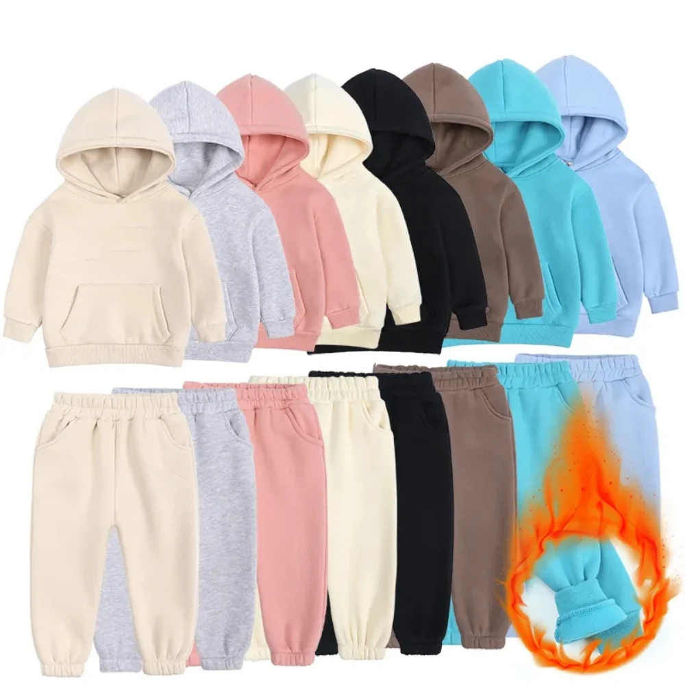 2026 Winter Children Fleece Outfits Toddler Warm Thicken Cotton Solid Hoodies+Pants Tracksuit Kids Boy Girl Sweatsuits Sets