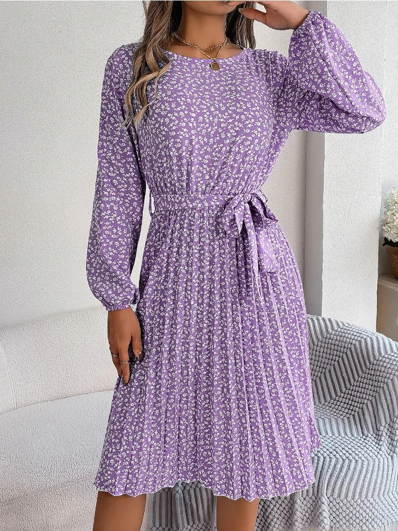 

Summer Elegant floral printed Dresses for Spring Women Dress 2024 New O-neck Full lantern sleeves Lace up MIdi pleated dress