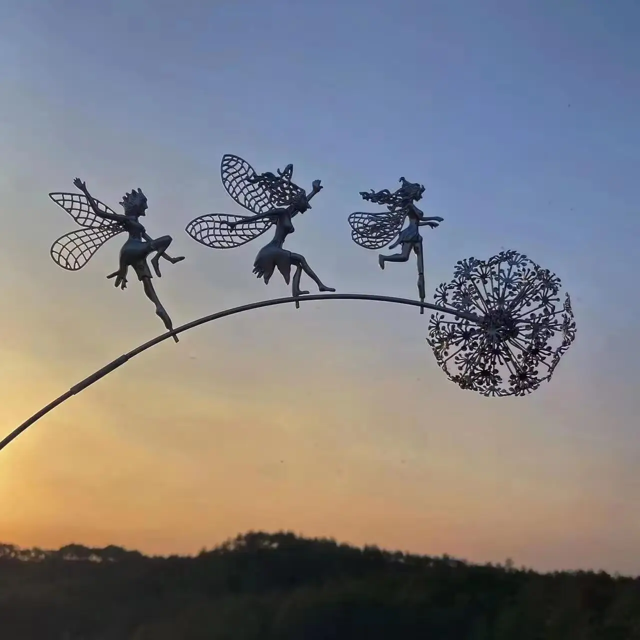 Fairies Angel With Dandelions Flowers Dance Fairy Garden Decoration Outdoor Sculptures & Figurines Inserted Soil Metal Craft