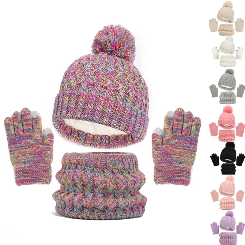 Childrens Hat Scarf Gloves Set Winter Boys Girls Plush Thick Knit Hat with Pompom Outdoor Cold-proof Cap Scarves Neck Kids Gift