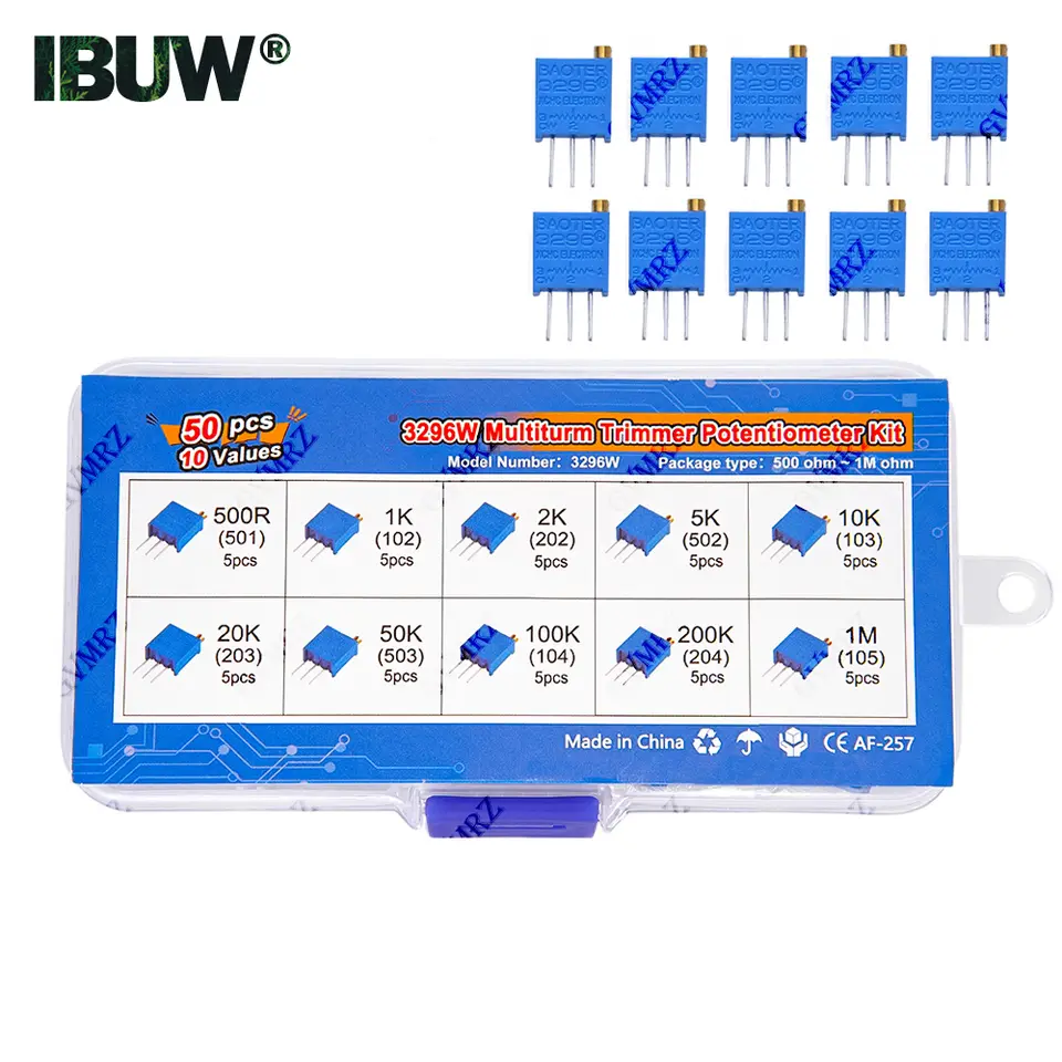 50PCS 10Values 3296W Multiturn Trimmer Potentiometer Kit (500Ω-1MΩ) in Box for Precision Circuit Tuning & Electronics DIY image 6