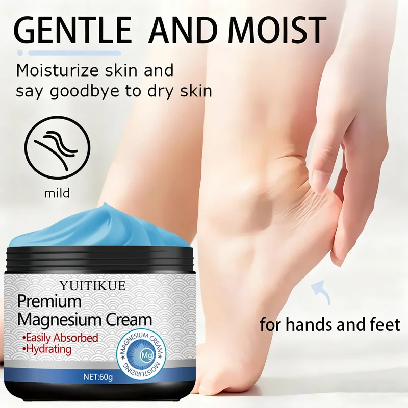 High-quality magnesium cream cares for the skin, absorbs easily, provides deep hydration, and is suitable for all skin types.