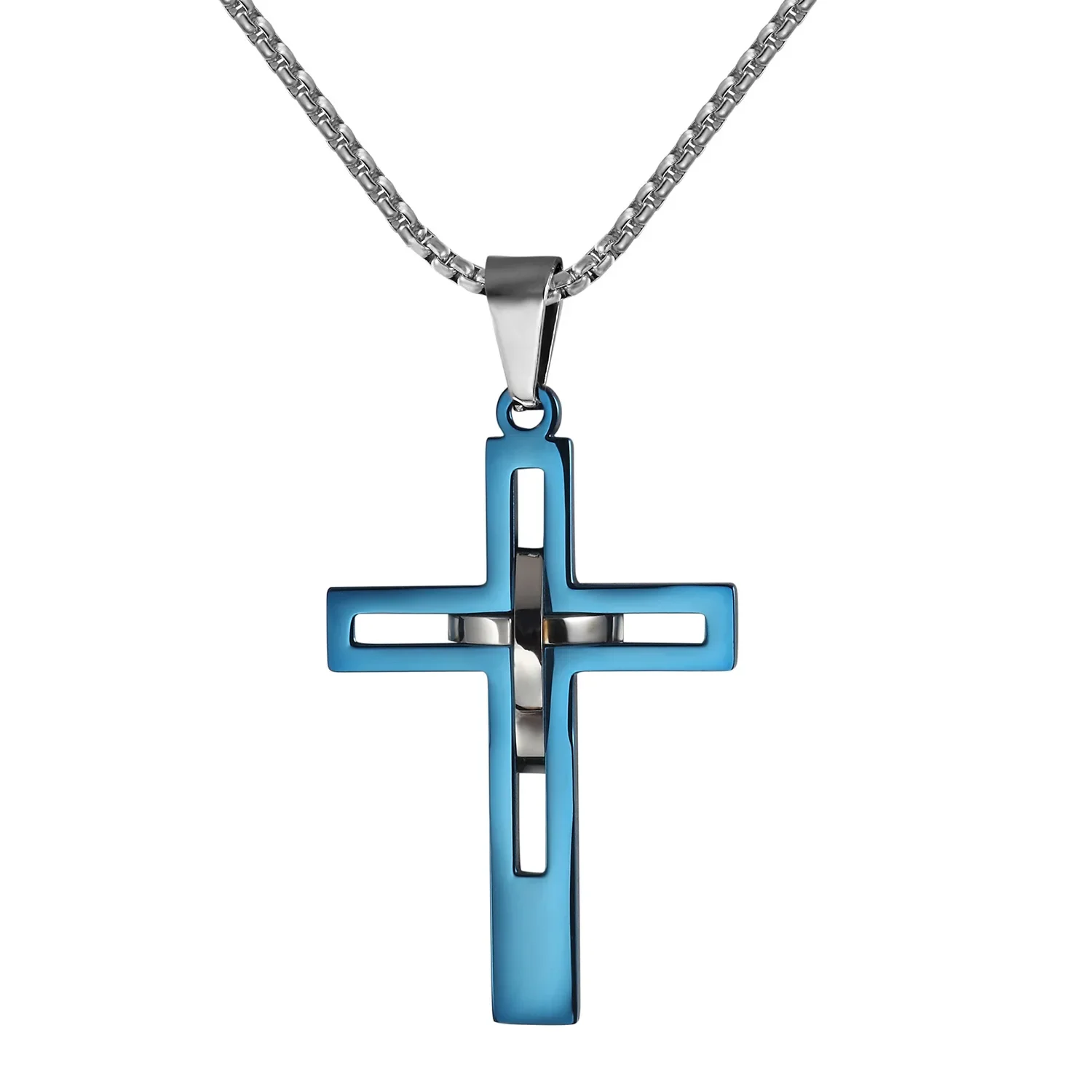 Fashion Double Cross Pendant Jesus Necklace for Men Boy Stainless Steel 24Inch Chain Link Necklaces Male Religious Jewelry