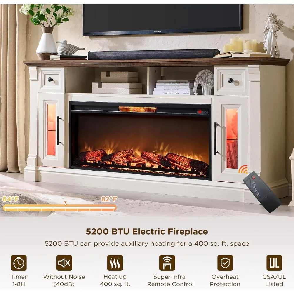 Fireplace TV Stand for 80 Inch TV - Farmhouse Entertainment Center with 42" Electric Fireplace & LED Lights,for Living Room 3