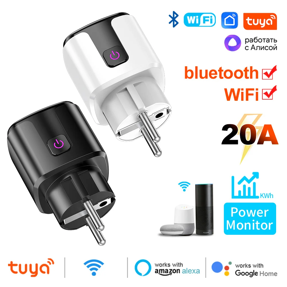 Tuya WiFi และบลูทูธสมาร์ทซ็อกเก็ต 20A EU ปลั๊ก Power การตรวจสอบฟังก์ชั่นจับเวลา Voice Control ทํางานร่วมกับ Alexa Google Home 1