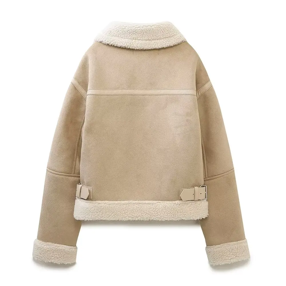 Dave&Di British High Street Velvet Suede Jacket Winter Fashion Motorcycle Coat Leather Jacket Women