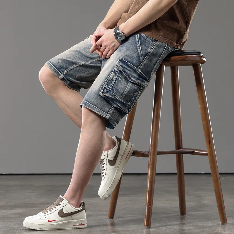 صيف جديد نمط كبير الحجم 28-44 الرجال متعدد جيب البضائع الدنيم السراويل الرجال المألوف فضفاض مستقيم الدينيم السراويل