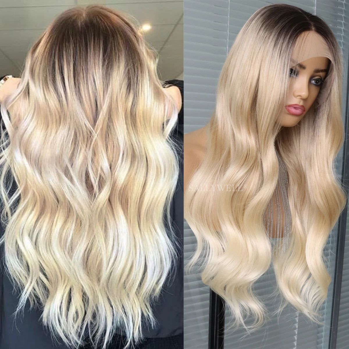 Loose wave ombre blonde wigs 13x4 lace front wigs with dark roots 3 tones hair wig heat resistant synthetic natural looking