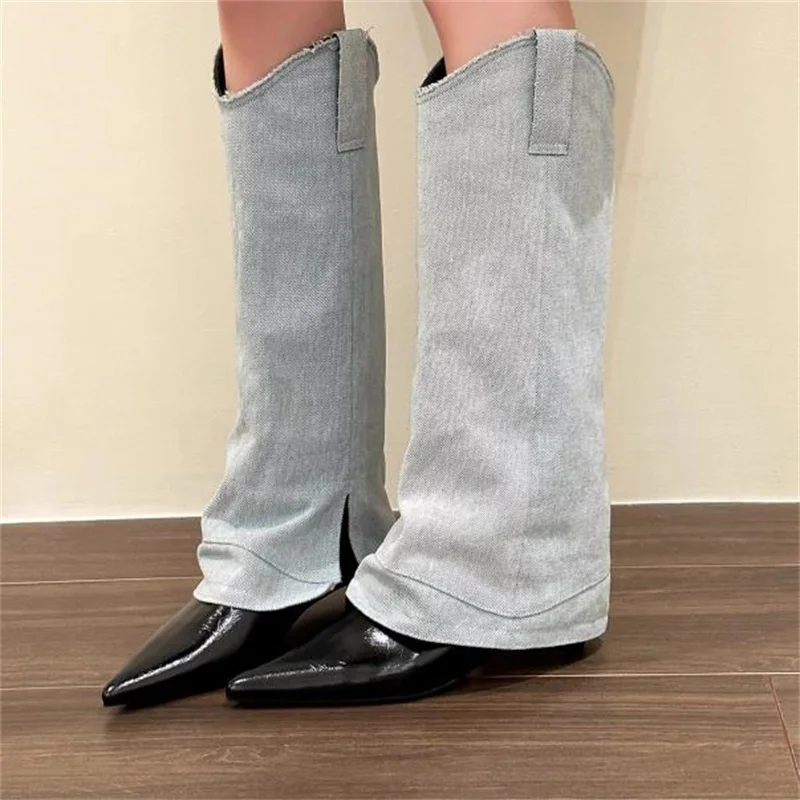 

Stitching Shoes for Women Pointed Toes Chassure Femme Patent Leather Female Calf Boots Sidelines Ladies Mixed Color Pants Botas