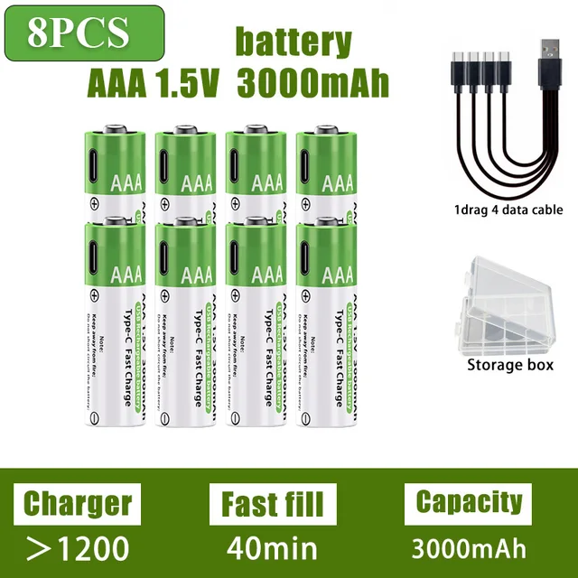 AA/AAA Rechargeable Battery 3000mAh/3800mAh Lithium Battery 1.5V Constant Voltage Fast Charging Type-C For Remote Mouse Toy Ect 15