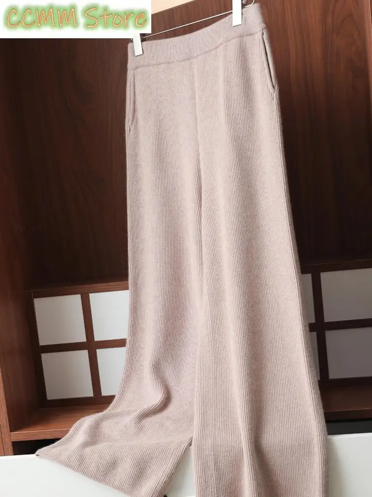 New Wide-leg Pants for Women Autumn Winter High-waisted Pants, Thickened Drapey White Casual Floor-length Knitted Pants