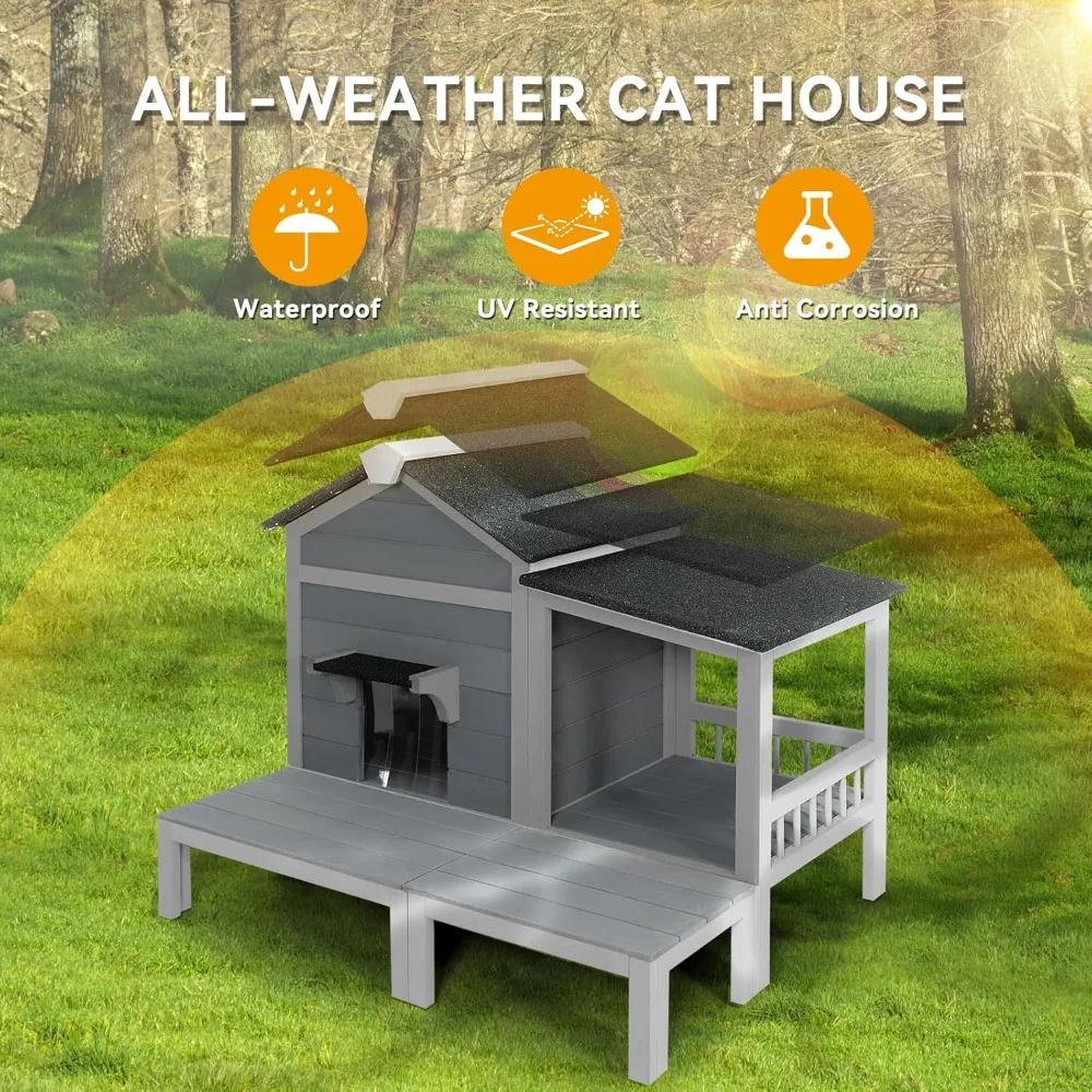 Outdoor Cat House, Feral Kitty Shelter Outside Waterproof with Large Balcony, Escape Door