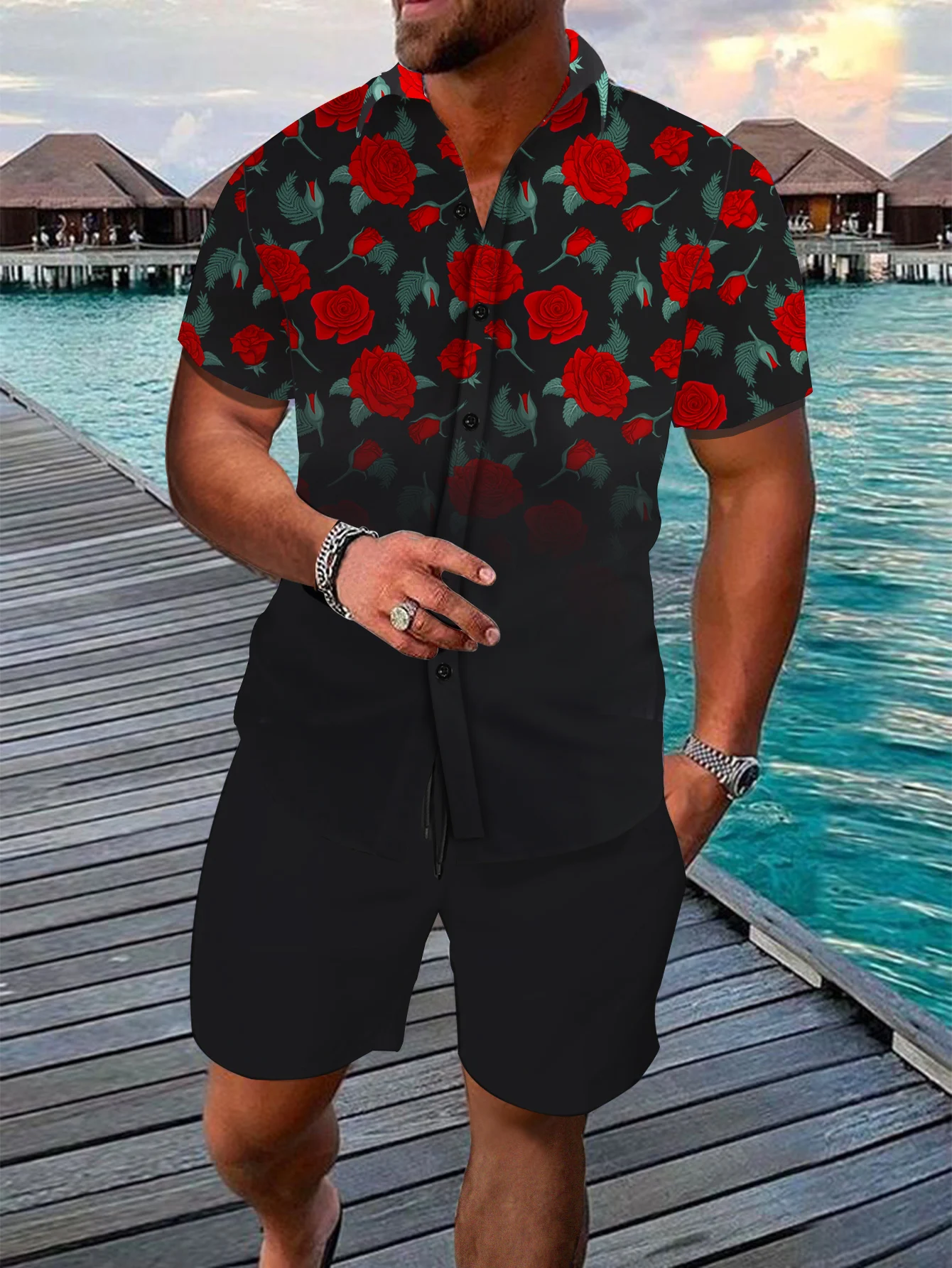 Men's red roses printed Shirts Hawaiian style Floral Shirts casual Beach Flower Shirts 3