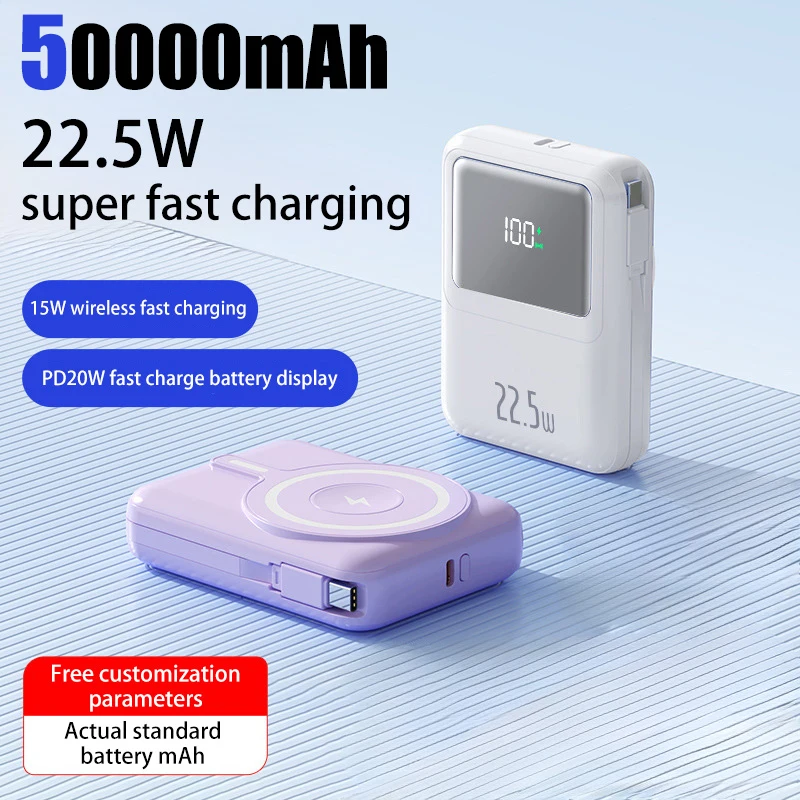 Mini 50000Mah Power Bank Magnetico Qi Cavo Integrato Caricabatterie Wireless Power Bank 22.5W Ricarica Rapida Per Iphone Samsung Huawei