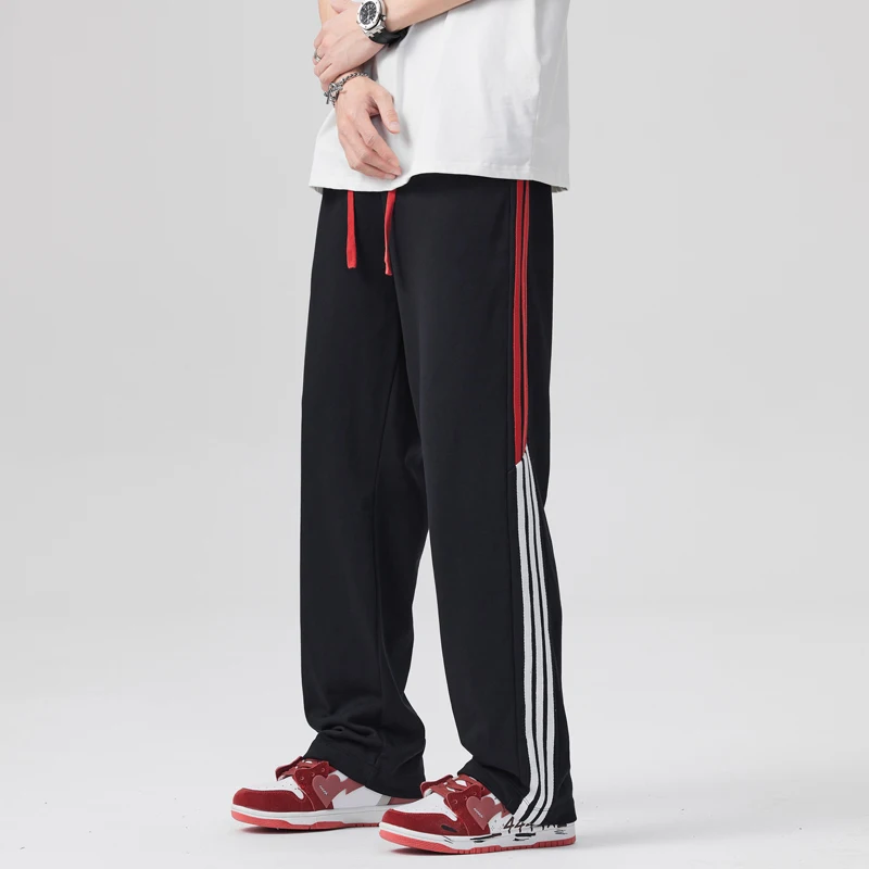 

Two Color Contrast Casual Stripe Decoration 2023 New Elastic Straight Loose Wide Leg Men's Pants Sweatpants Joggers