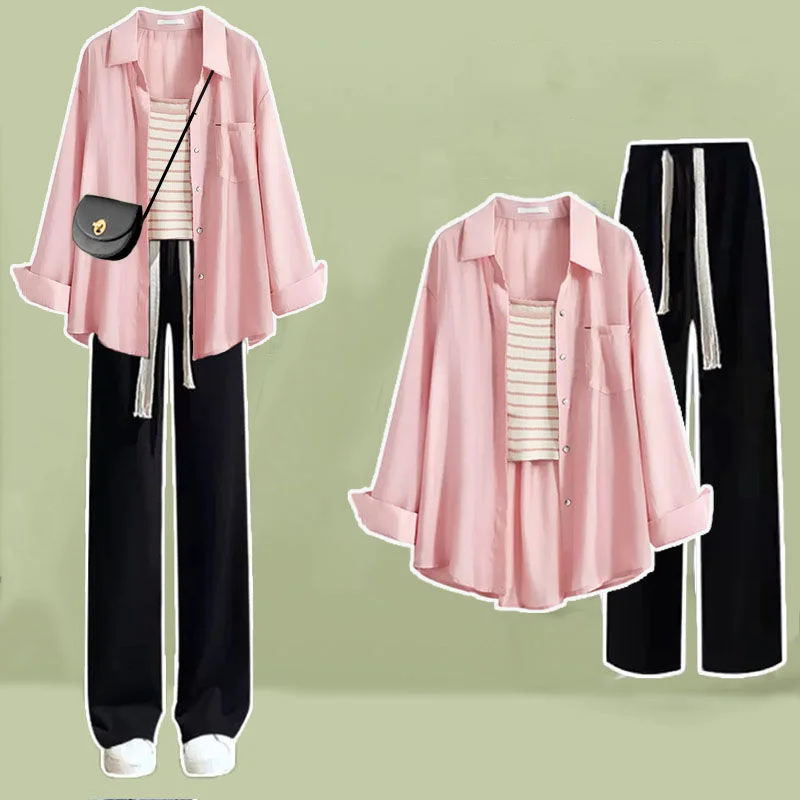 

Women' S Outfits 2023 Spring/Summer New Loose Outerwear Long Sleeve Shirt Sling High Waist Wide Leg Denim Three Piece Set
