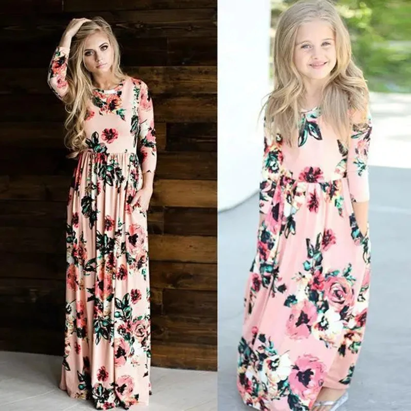 Mother daughter Dresses Floral Nine Quarter Bohemia Long Dress Casual Sundress For Mom & daughter Dress Family Matching clothes 5