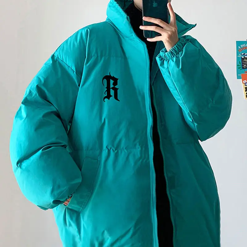 Winter Cotton-Padded Coat Men Fleece Padded Coat Solid Color Student Stand-up Collar Thick Jacket Casual Loose Plus Size Coat