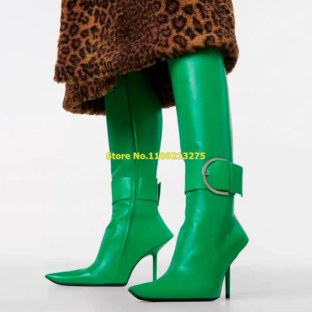 2022 Runway Knee High Boots Green Leather Stiletto High Heel Pointed Toe Ankle Buckle Strap