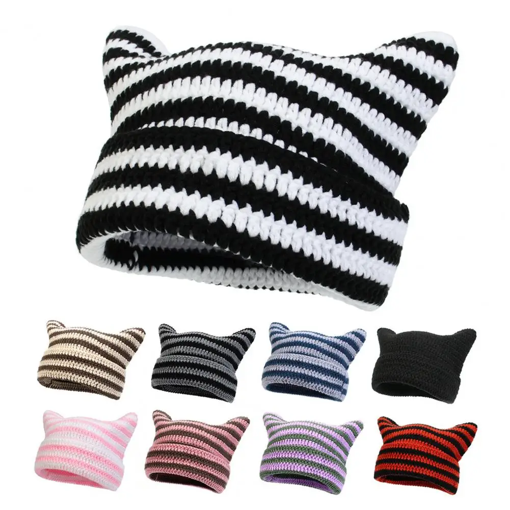 

Winter Outdoor Warm Knitting Hat for Women Cute Striped Cat Ear Cap No Brim Stretchy Headwear Wool Yarn Knitted Beanie Hat