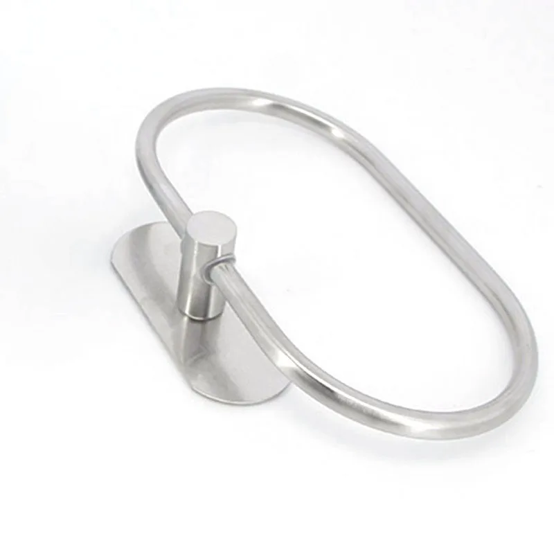 silver Towel Ring Hanger Stainless Steel Heavy Duty Hand Towel Round Base wall Holder Self Adhesive No Drill storage Rack Modern
