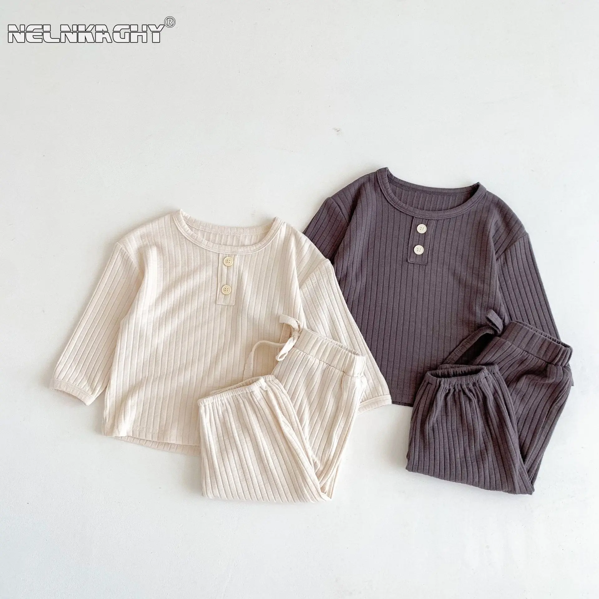 

Autumn Infant Kids Baby Boys Girls Full Sleeve Solid Color Elastic Pit Strip Top Shirts+pants Toddler Children Clothing Set 2pcs