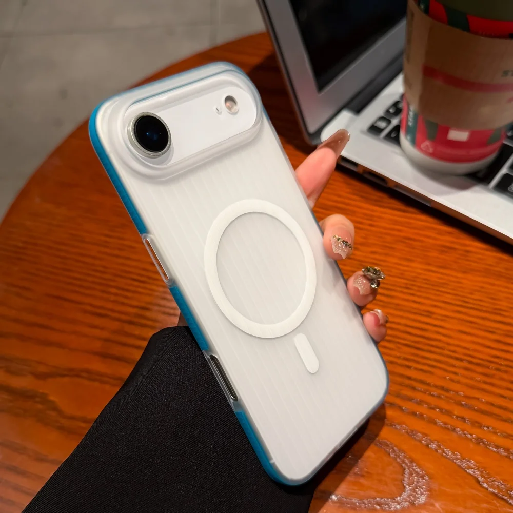 Frosted Transparent Ice Mist Corrugated Stripe Phone Case with Magnetic Cover