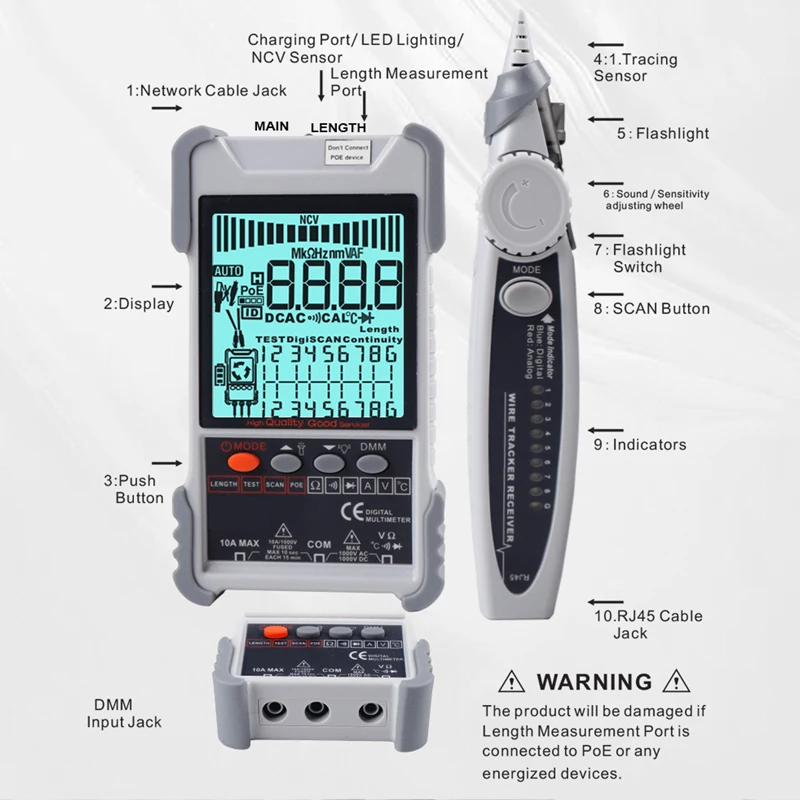 ET616 ET618 ET618PRO Network Cable Tester Multimeter LCD Display with Backlight Analogs Digital Search POE Test