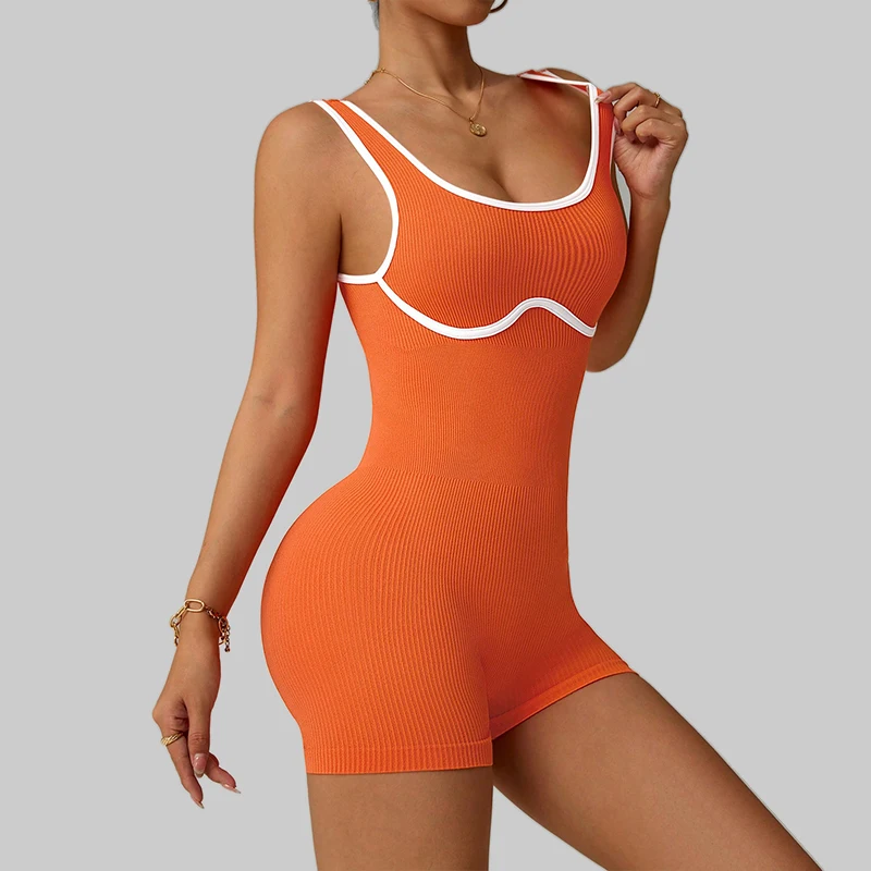 Combinaison de yoga à col en V profond pour femme DPSTGYM, ensemble short de sport une pièce, survêtement de gym dos nu, ensemble d'entraînement côtelé ajusté.
