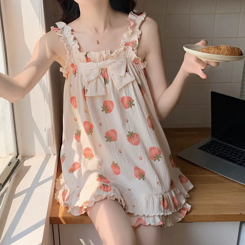 

French Floral Girls Pajamas Suspenders Shorts Sleepwear Sets Cute Cartoon Summer Breathable Ladies Casual Home Lounge Wear