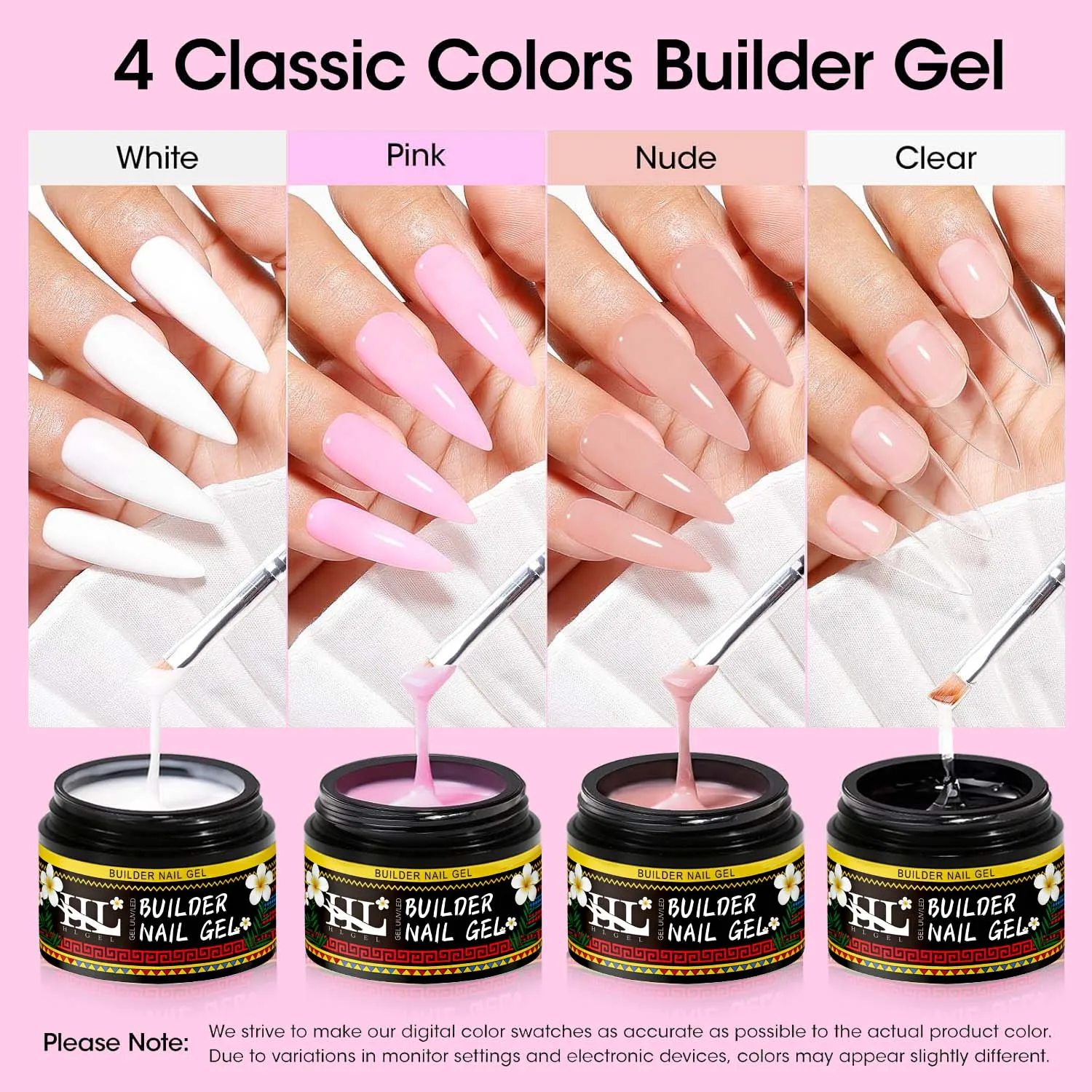 Nail Art Gel Kit - Versatile 7-in-1 Hard Nail Extension & Polygel Set, 4 Vibrant Colors, 15ml Each for Shaping and Thickening