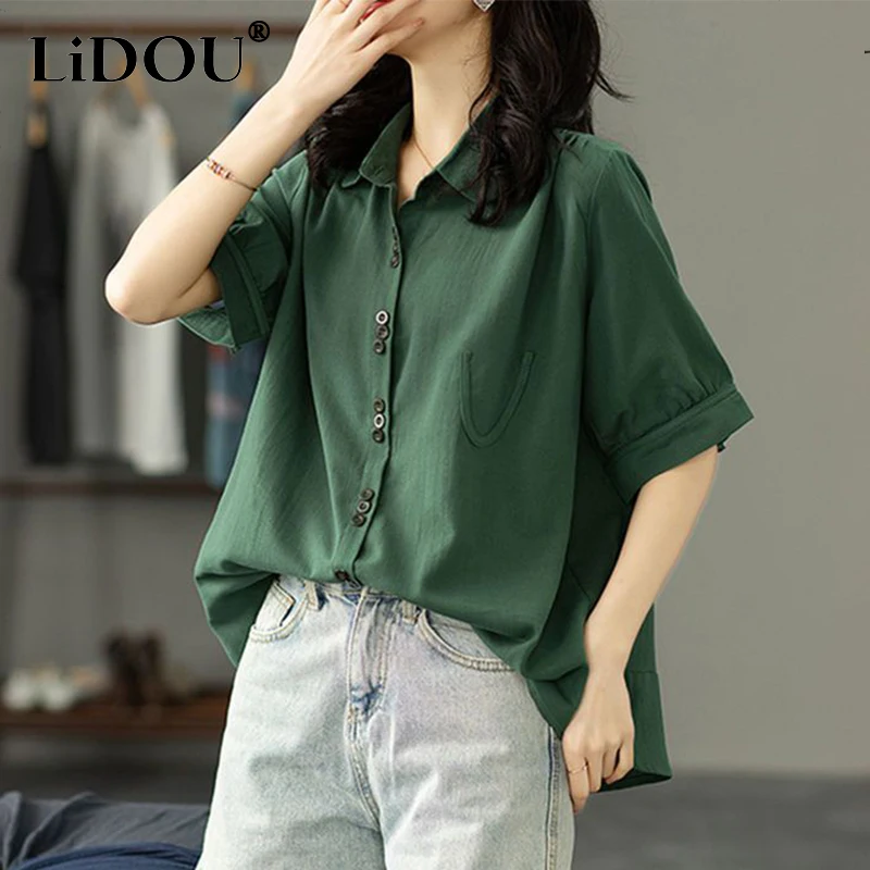 Summer New Literary Vintage Pure Cotton Green Shirt Ladies Casual Fashion Polo-neck Cardigan Top Women Oversized Buttons Blouse