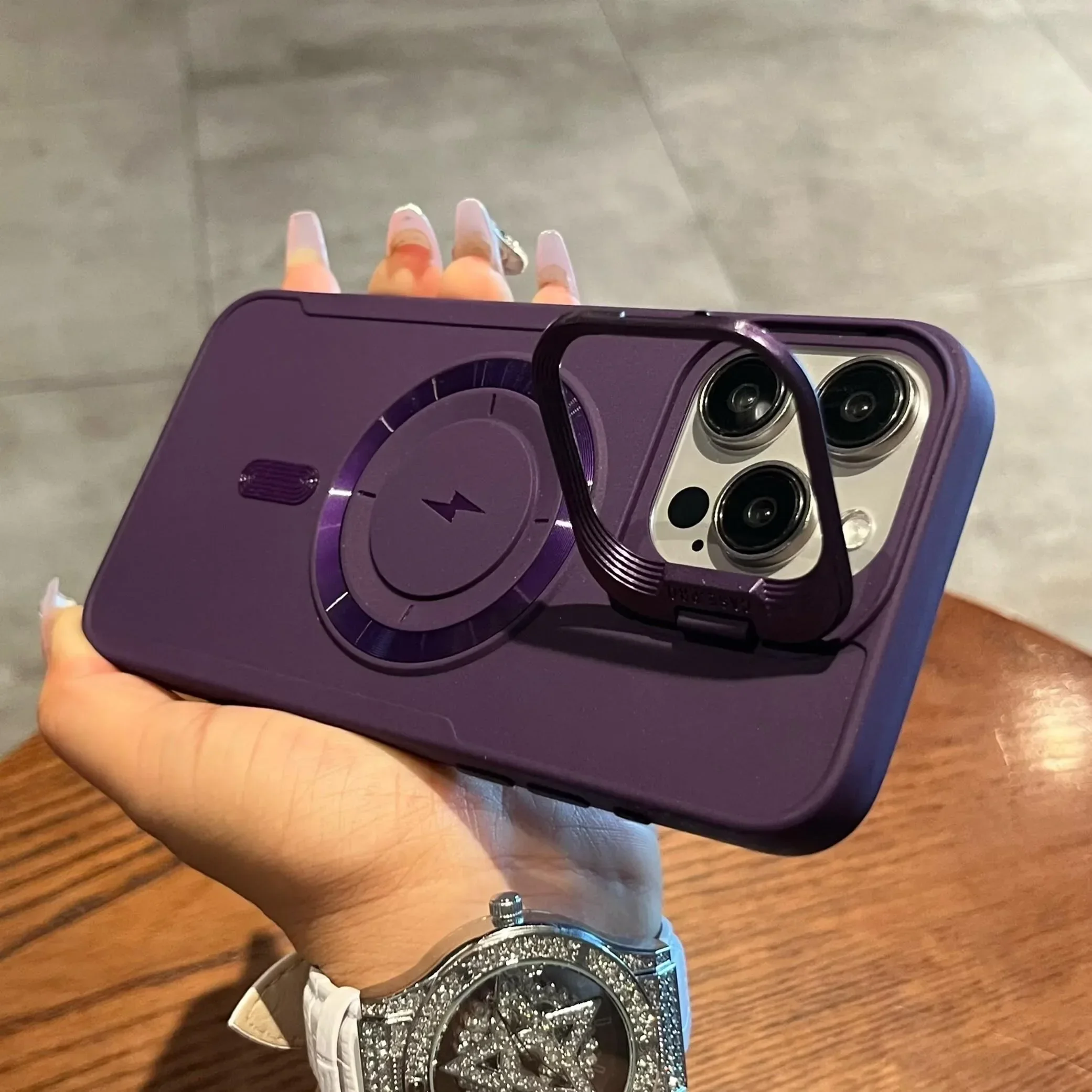 Luxury Flip-Up Lens Holder Magnetic Case with Magsafe Charging - Premium Silicone Soft Cover