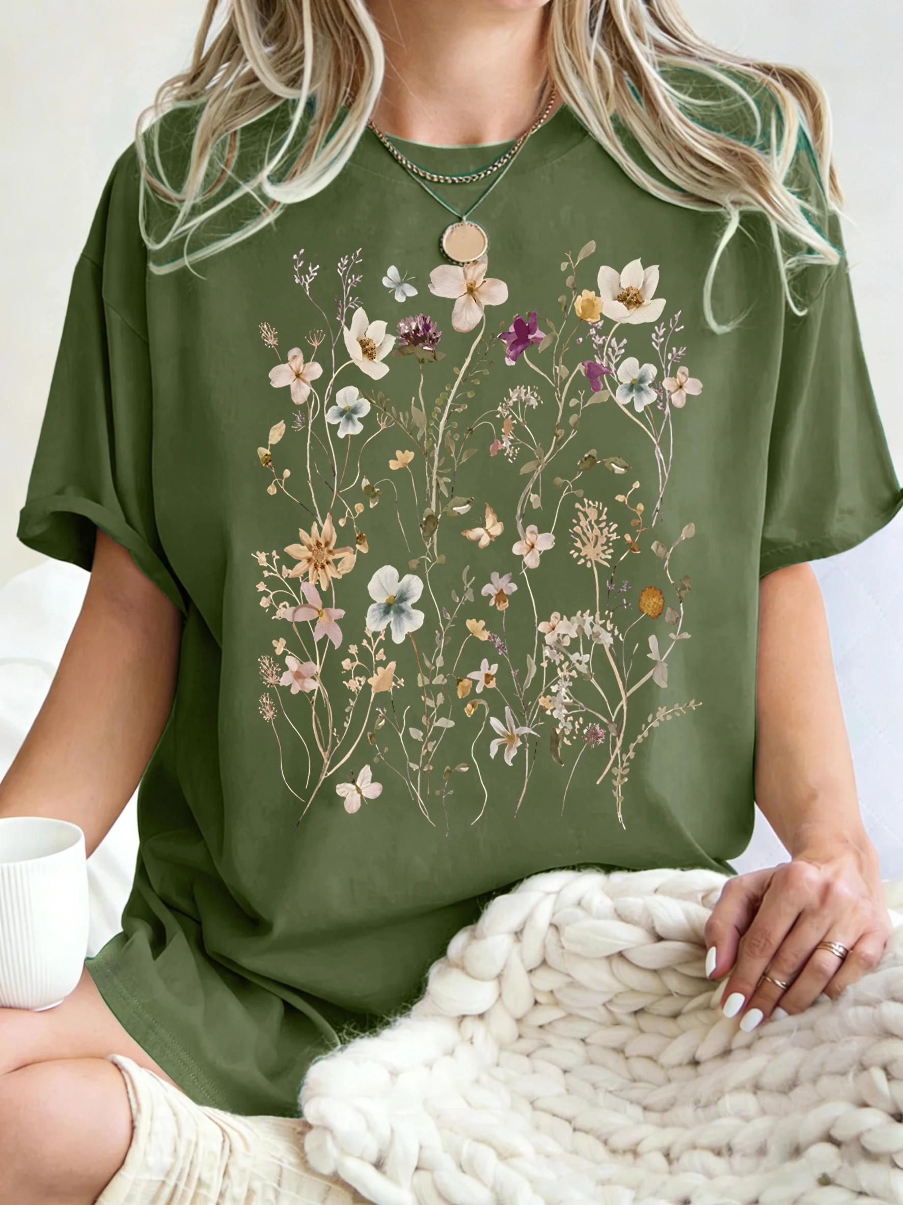 Beautiful Flower Clusters Printing Woman T-Shirt Summer Oversized Short Sleeve O-Neck Cotton T Shirts Y2K Women Sports Tops
