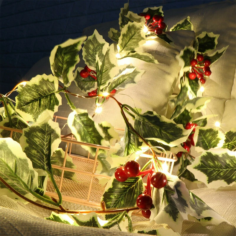 battery artificial leaf vine fairy light 2m 20led sunflower garland string light christmas decor lamp with flexible copper light 2M 20LEDs Christmas Red Berry Rattan Garland Light LED Copper String Fairy Light Battery Power For Home Christmas Decorations