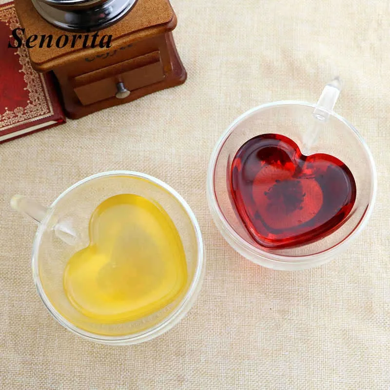 170/280ml Borosilicate Double Wall Heat Resistant Glass Cup Heart Shape Coffee Tea Milk Cup with Handle for Home Office Travel