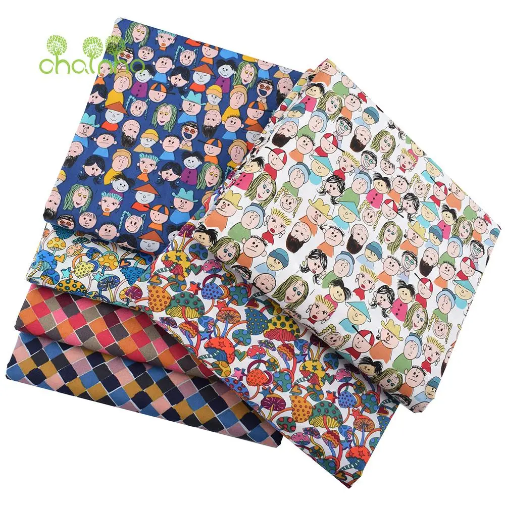 Chainho,Cartoon Series 60S Reactive Printed Plain Cotton Fabric,Poplin Material For DIY Quilting Sewing Children's Dress,Skirts