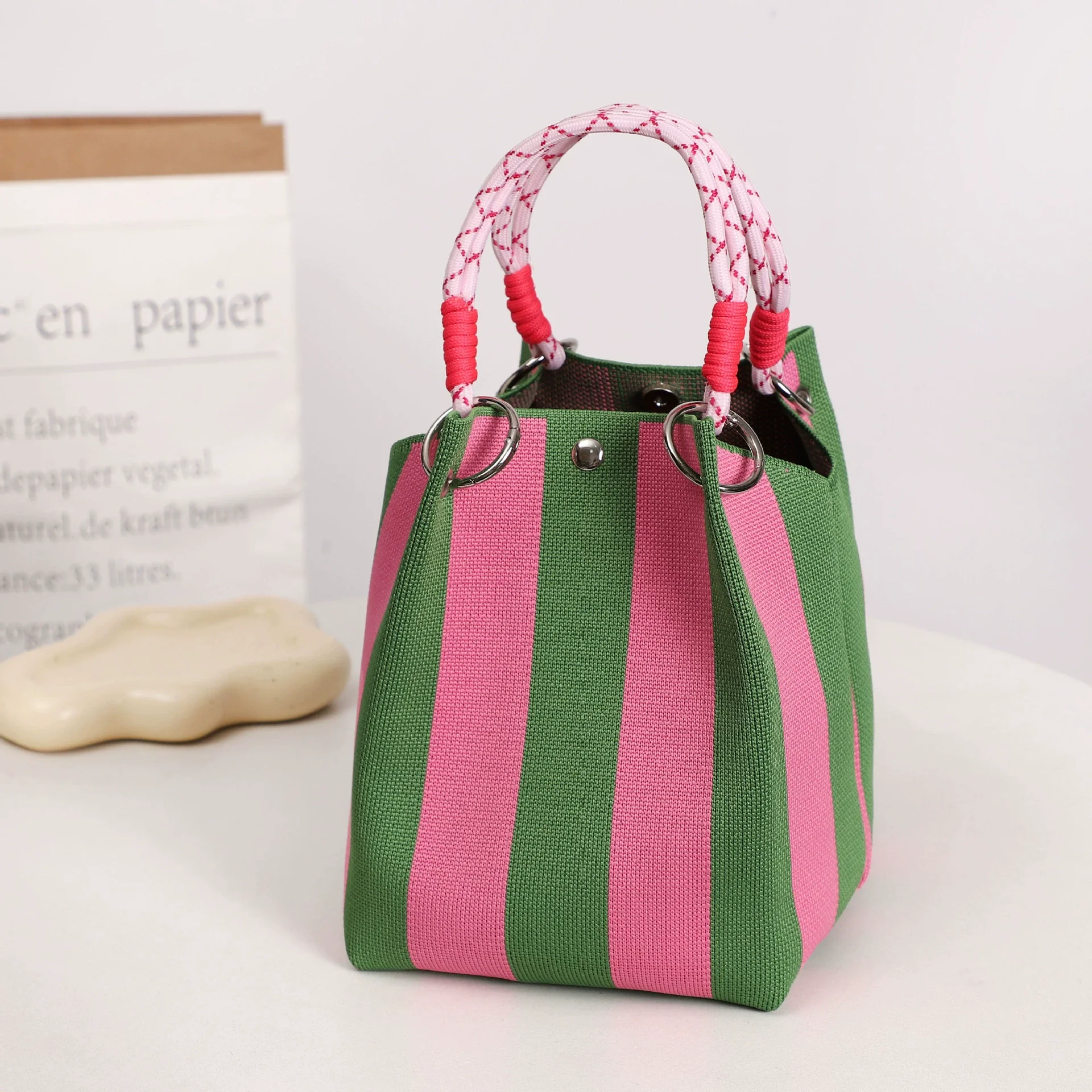 Multi-Color Knitted Retro Bucket Handbag Color-Block Simple Design Versatile Easy-Carry Retro Handbag 6
