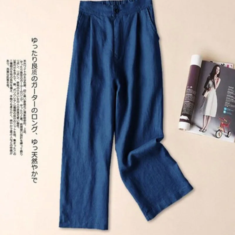 Women Cotton Linen Loose Comfort Elastic Waist Harem Vintage Solid Casual Pockets Wide Leg Trousers Cropped