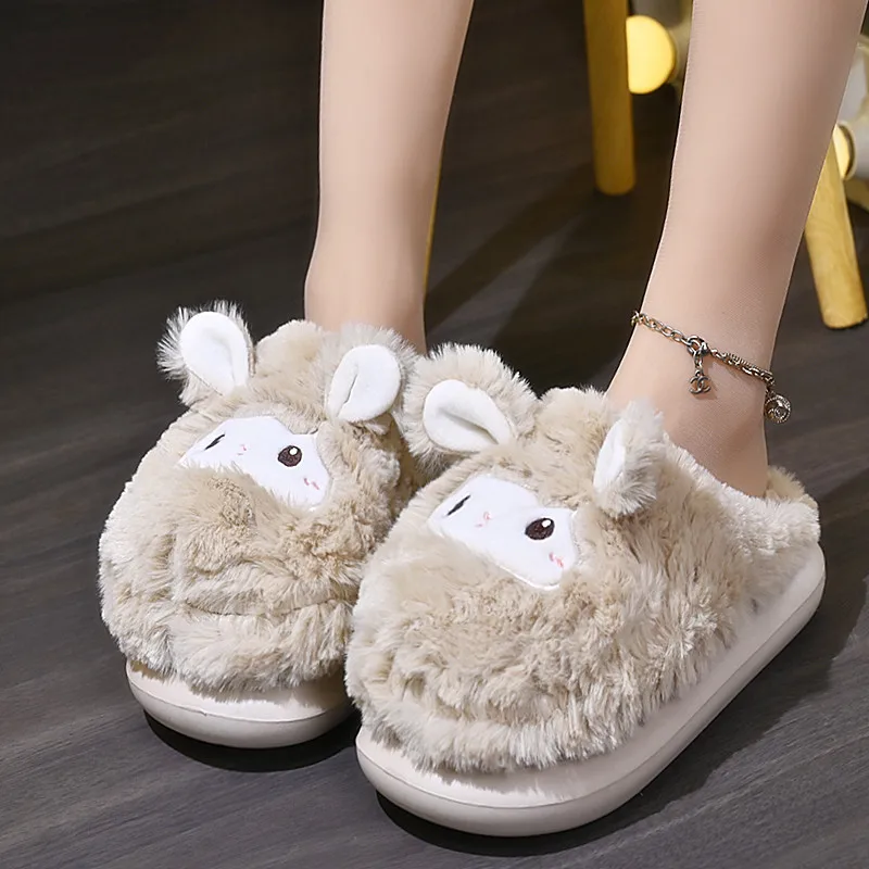 

Зимняя теплая Женская плюшевые домашние шлепанцы обувь из хлопка; Пушистые меховые тапочки с животными; Домашние тапочки на плоской подошве для девочек; Kawaii; Обувь на овечьем меху