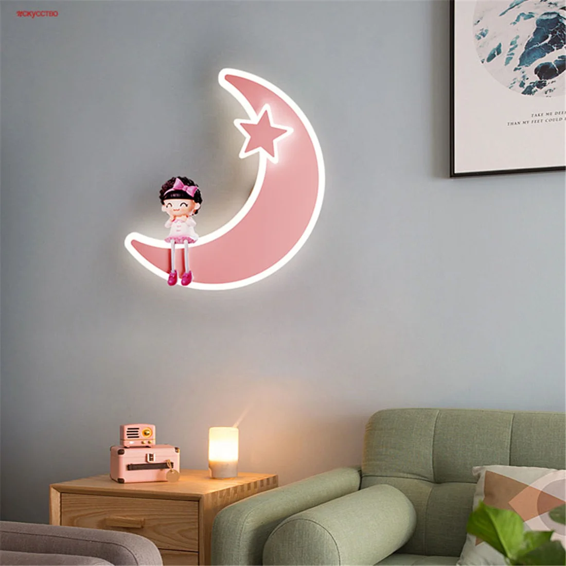 

Children Bedroom Moon Doll Pink Blue Led Wall Lamp Kids Study Nursery Dining Room Sconce Indoor Decorative Night Light Fixtures