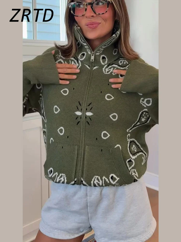 Vintage Jacquard Knit Cardigan With Stand Collar And Double Zippers For Autumn — photo 2