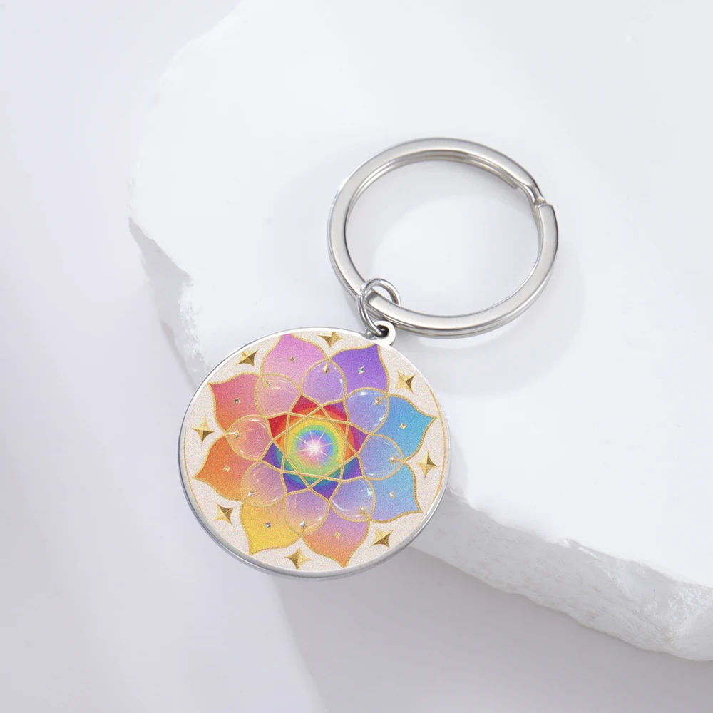 Dawapara Lotusblüten-Schlüsselanhänger, spirituelle Heilung, Lotus, bunter Mandala-Schlüsselanhänger, Edelstahl, Yoga-Schmuck – Detail 8