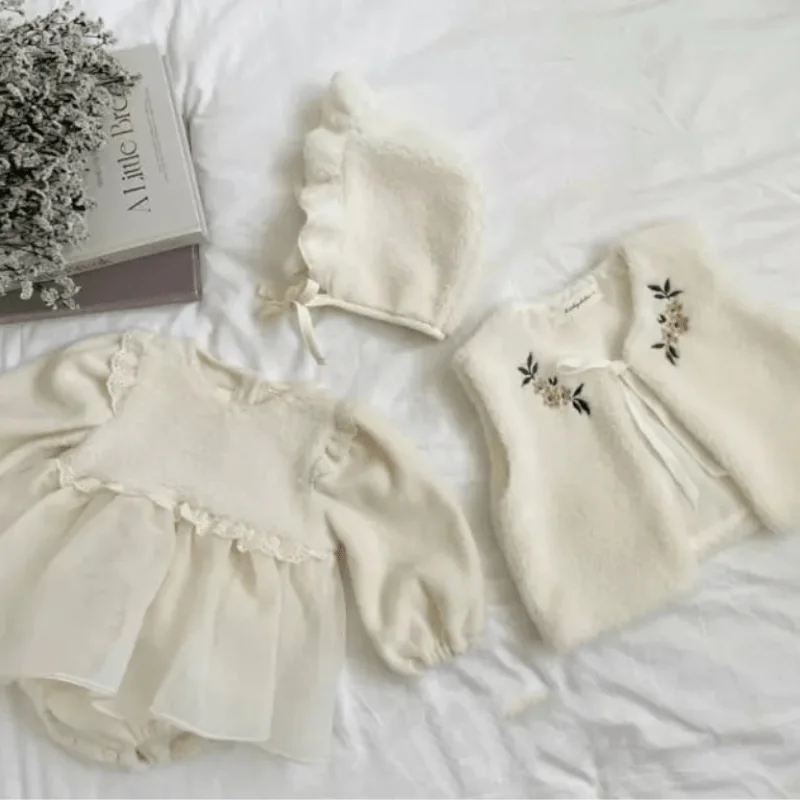 Newborn Baby Girl Fleece Flower Vest Winter Infant Toddler Child Embroidery Jacket Warm Thick Floral Cardigan Baby Clothes 3M-2Y
