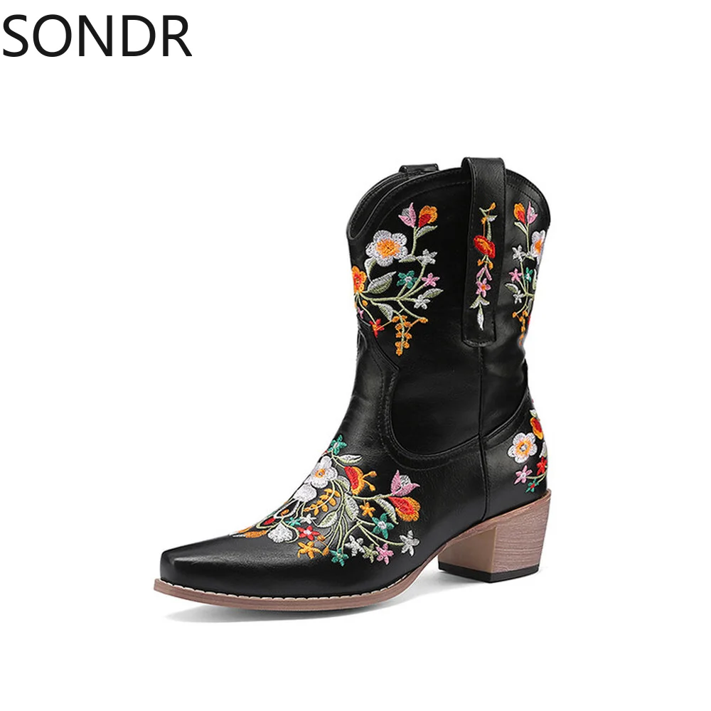 

Womens Ethnic Embroidery Pointed Toe Ankle Boots Chelsea Western Chunky Heel Cowboy Shoes Plus Big Size New