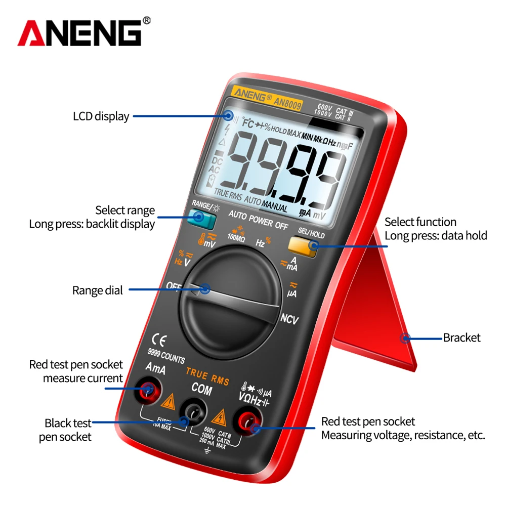 Digital Multimeter Transistor ANENG AN8009 Testers Capacitor True-RMS Tester Automotive Electrical Capacitance Meter Temp Diode