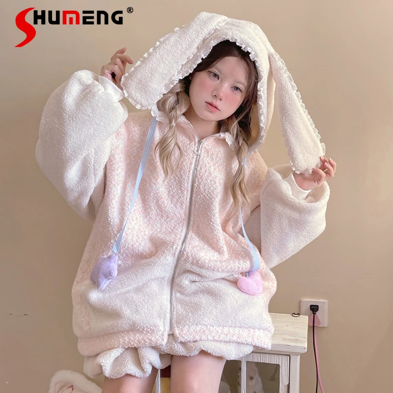 

Japanese Cute Soft And Comfortable Plush Quilted Hooded Sweatshirts Jackets For Women Winter Loose Zip Coat Top Jaqueta Feminina