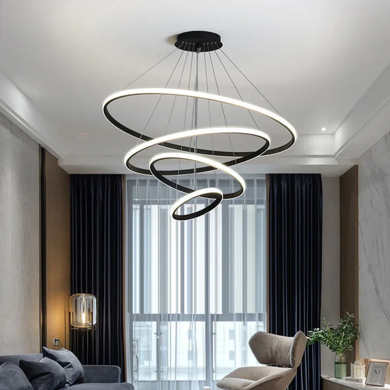 

Led Circle Ceiling Hanging Chandelier Rings Black Loft Living Dining Room Modern Pendant Lamp Kitchen Indoor Lighting Fixture