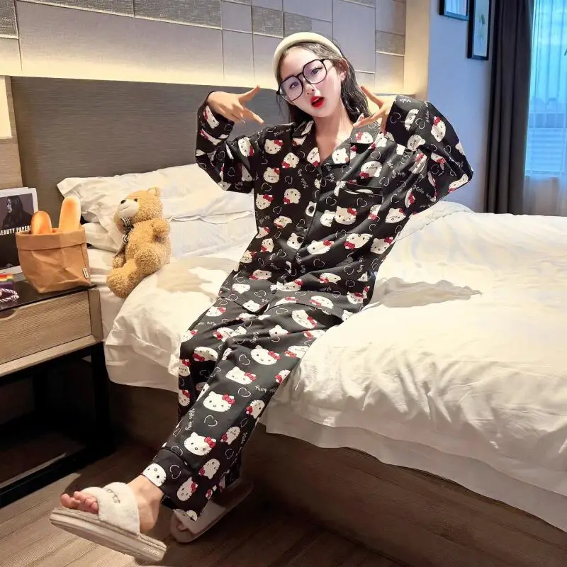 Sanrios 어린이 잠옷 헬로 키티 가을 긴 소매 홈 의류 정장 달콤한 유행 창..